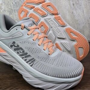 Hoka ONE Women's Bondi 7 Gray and Peach Athletic Shoes SNEAKER CASUAL RUN